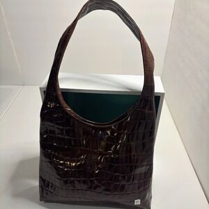 New DKNY City Donna Karan New York Croc Embossed Purse Brown Magnet Snap Tote